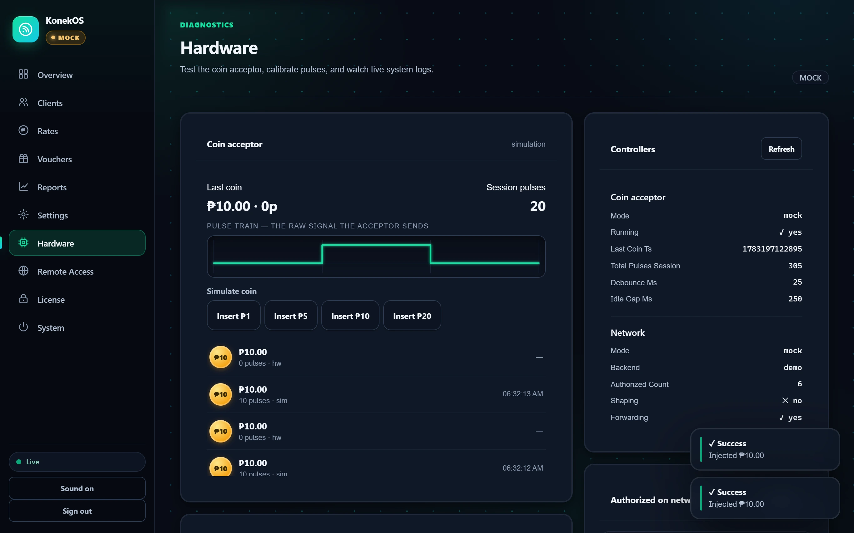 KonekOS admin Hardware tab showing the live coin-acceptor pulse train oscilloscope