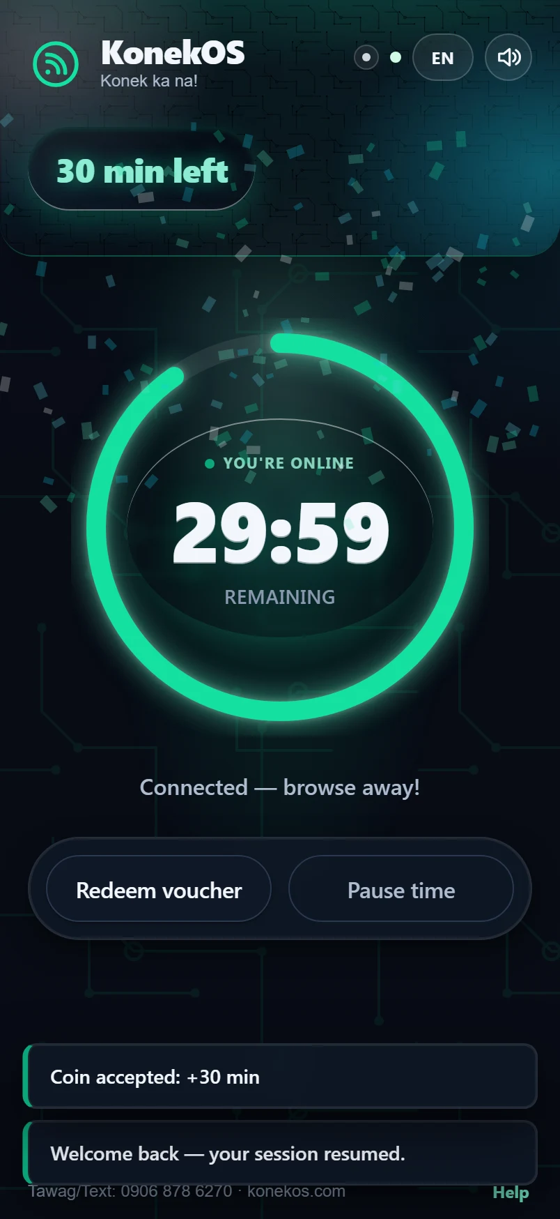 A KonekOS customer online with 2h 30m of WiFi time remaining